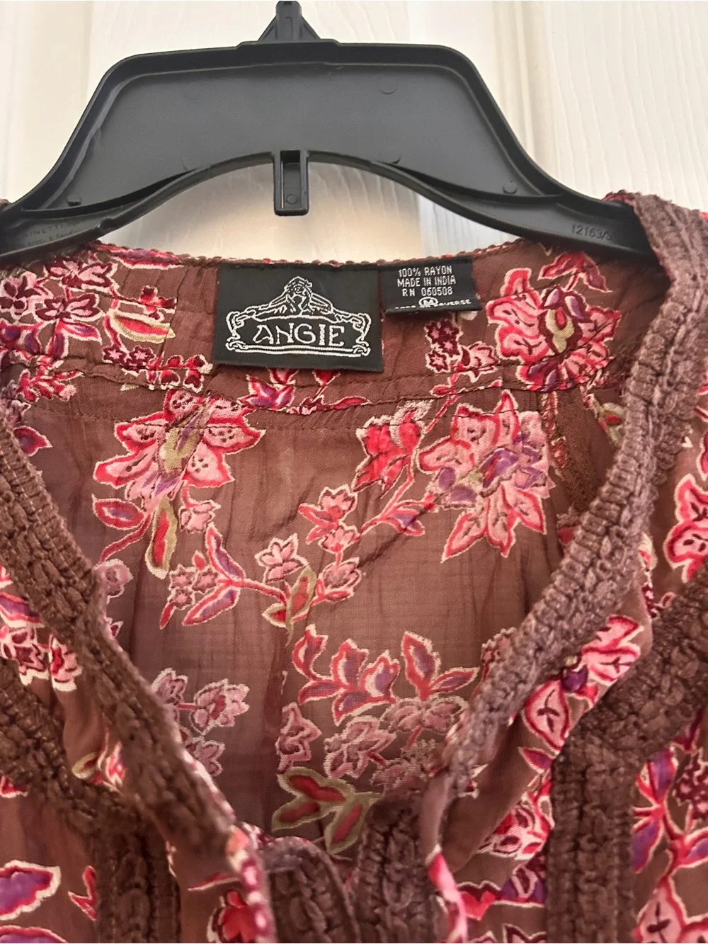 Angie Brown Floral Sheer Peasant Blouse with Pink Accents